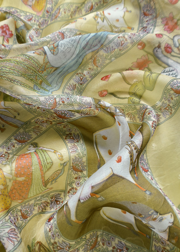 Dandelion Yellow Pure Organza Suit With Rose Tissue Appliqué Work And Pichwai Dupatta