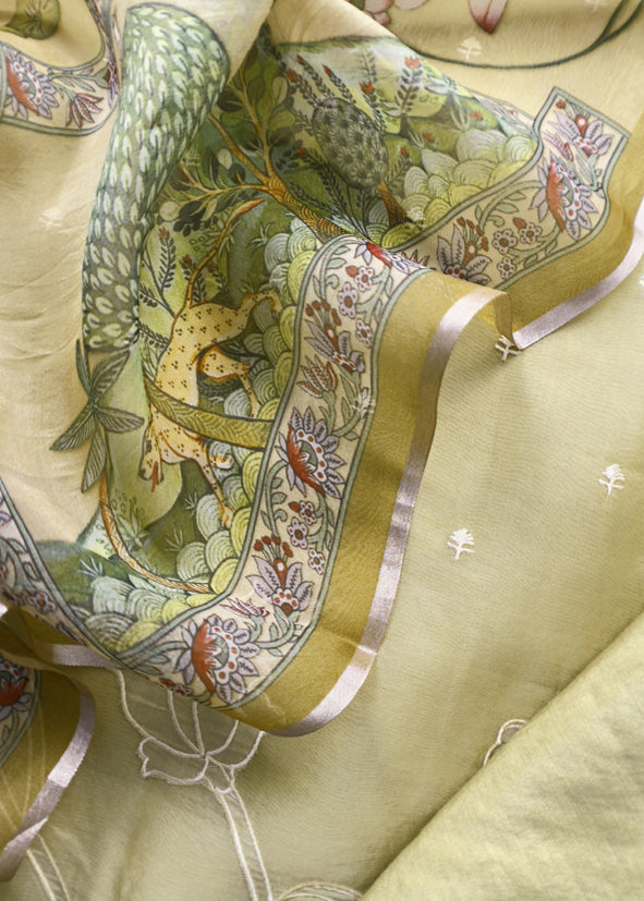 Dandelion Yellow Pure Organza Suit With Rose Tissue Appliqué Work And Pichwai Dupatta