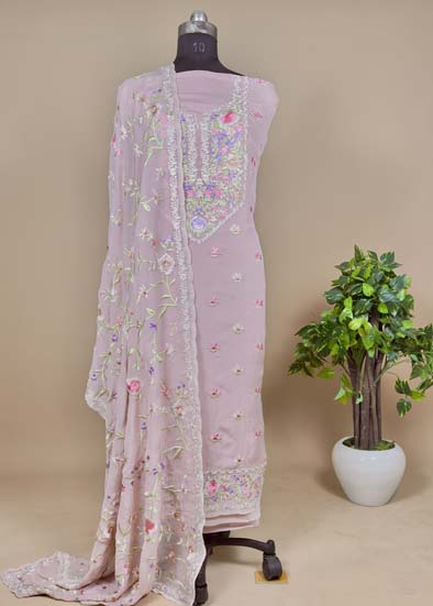 Pastel Purple Parsi Embroidered Unstitched Suit In Organza