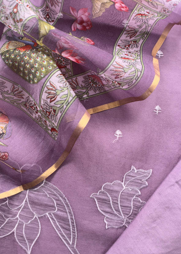 Iris Purple Pure Organza Suit With Rose Tissue Appliqué Work And Pichwai Dupatta