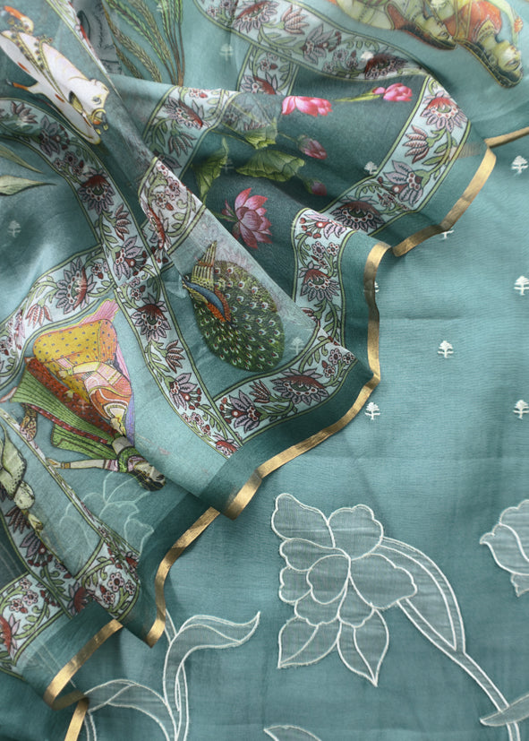 Pine Green Pure Organza Suit With Rose Tissue Appliqué Work And Pichwai Dupatta