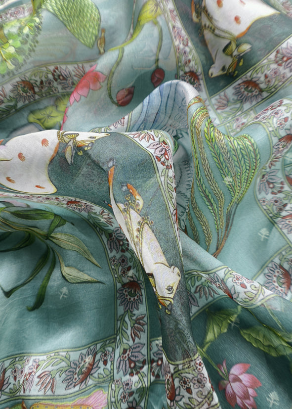 Pine Green Pure Organza Suit With Rose Tissue Appliqué Work And Pichwai Dupatta