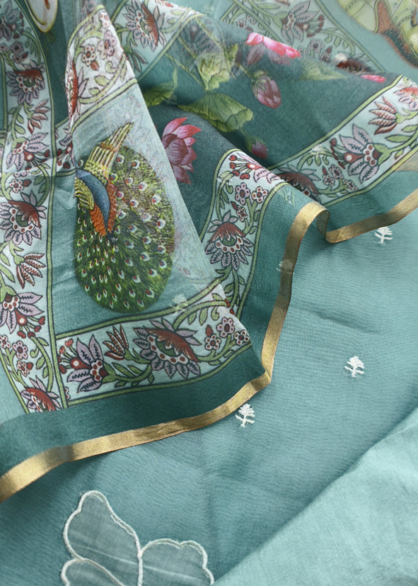 Pine Green Pure Organza Suit With Rose Tissue Appliqué Work And Pichwai Dupatta
