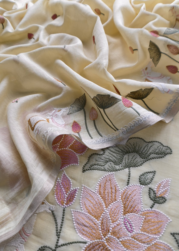 Light Yellow Pure Mul Pichwai Unstitched Suit With Pichwai Embroidery