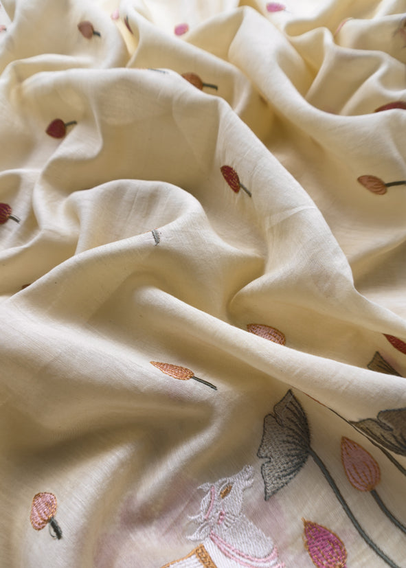 Light Yellow Pure Mul Pichwai Unstitched Suit With Pichwai Embroidery