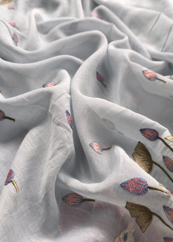Light Blue Grey Pure Mul Pichwai Unstitched Suit With Pichwai Embroidery