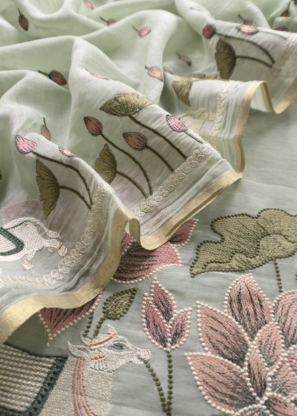 Sage Green Pure Mul Pichwai Unstitched Suit With Pichwai Embroidery