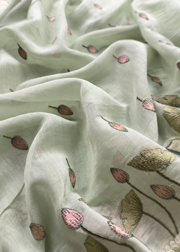 Sage Green Pure Mul Pichwai Unstitched Suit With Pichwai Embroidery