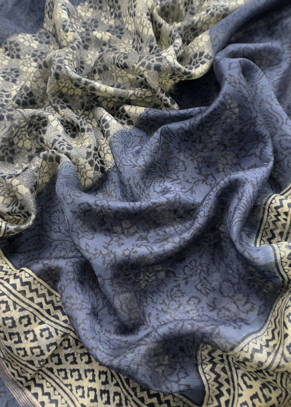 Indigo Paisley Block Print Pure Maheshwari Silk Unstitched Suit Fabric