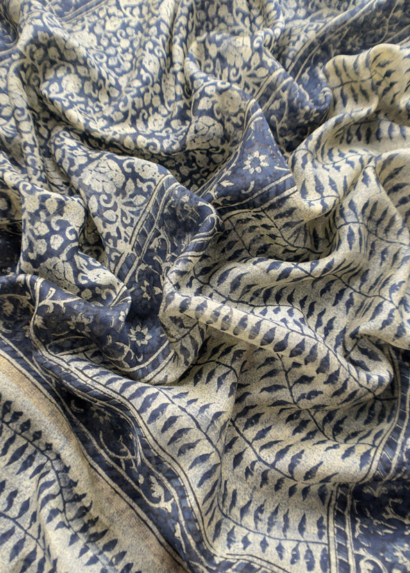 Indigo Paisley Block Print Pure Maheshwari Silk Unstitched Suit Fabric