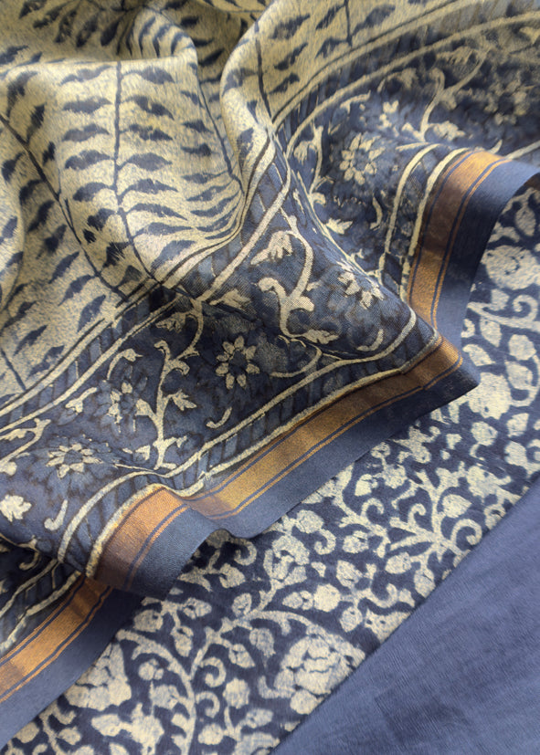 Indigo Paisley Block Print Pure Maheshwari Silk Unstitched Suit Fabric