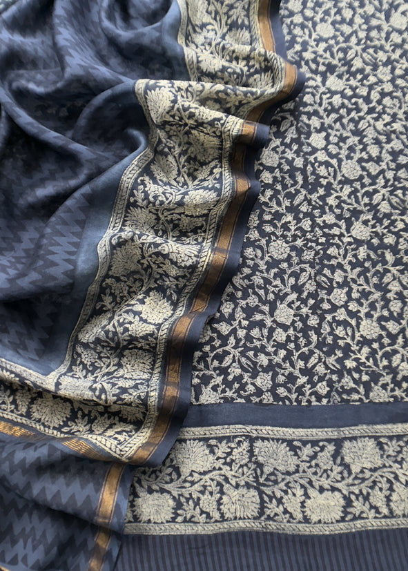 Indigo Paisley Block Print Pure Maheshwari Silk Unstitched Suit Fabric