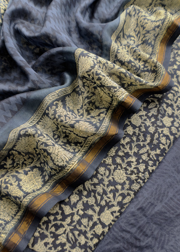 Indigo Paisley Block Print Pure Maheshwari Silk Unstitched Suit Fabric