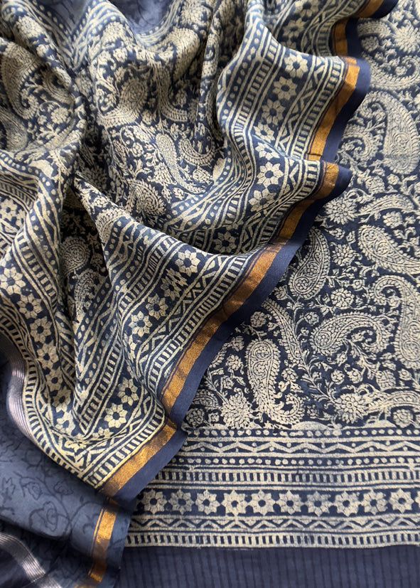 Indigo Paisley Block Print Pure Maheshwari Silk Unstitched Suit Fabric