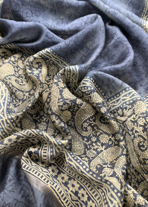 Indigo Paisley Block Print Pure Maheshwari Silk Unstitched Suit Fabric