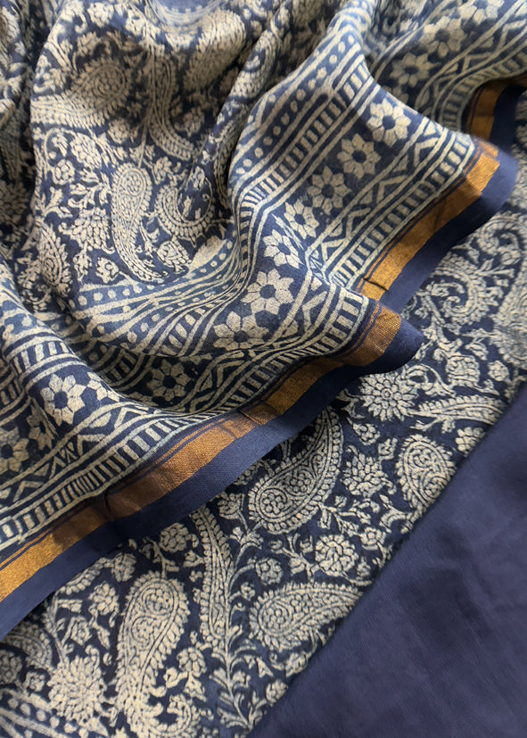 Indigo Paisley Block Print Pure Maheshwari Silk Unstitched Suit Fabric