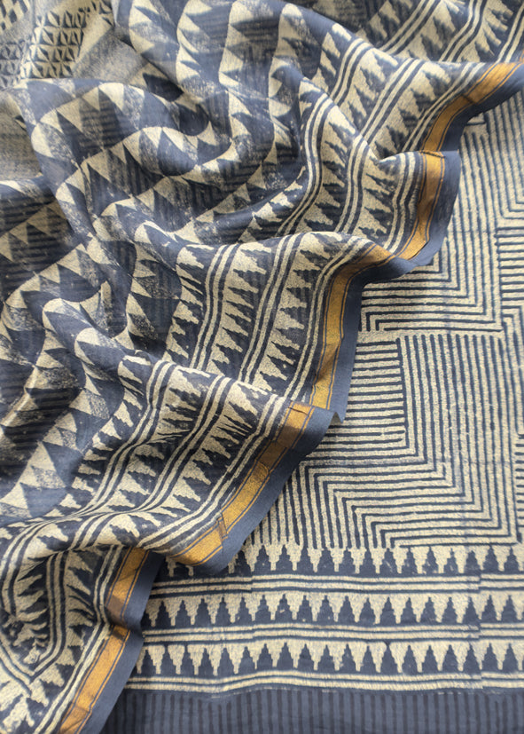 Indigo Paisley Block Print Pure Maheshwari Silk Unstitched Suit Fabric
