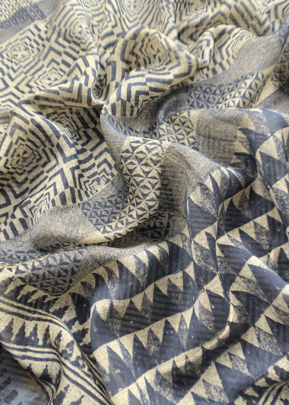 Indigo Paisley Block Print Pure Maheshwari Silk Unstitched Suit Fabric