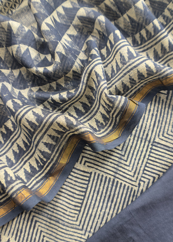 Indigo Paisley Block Print Pure Maheshwari Silk Unstitched Suit Fabric