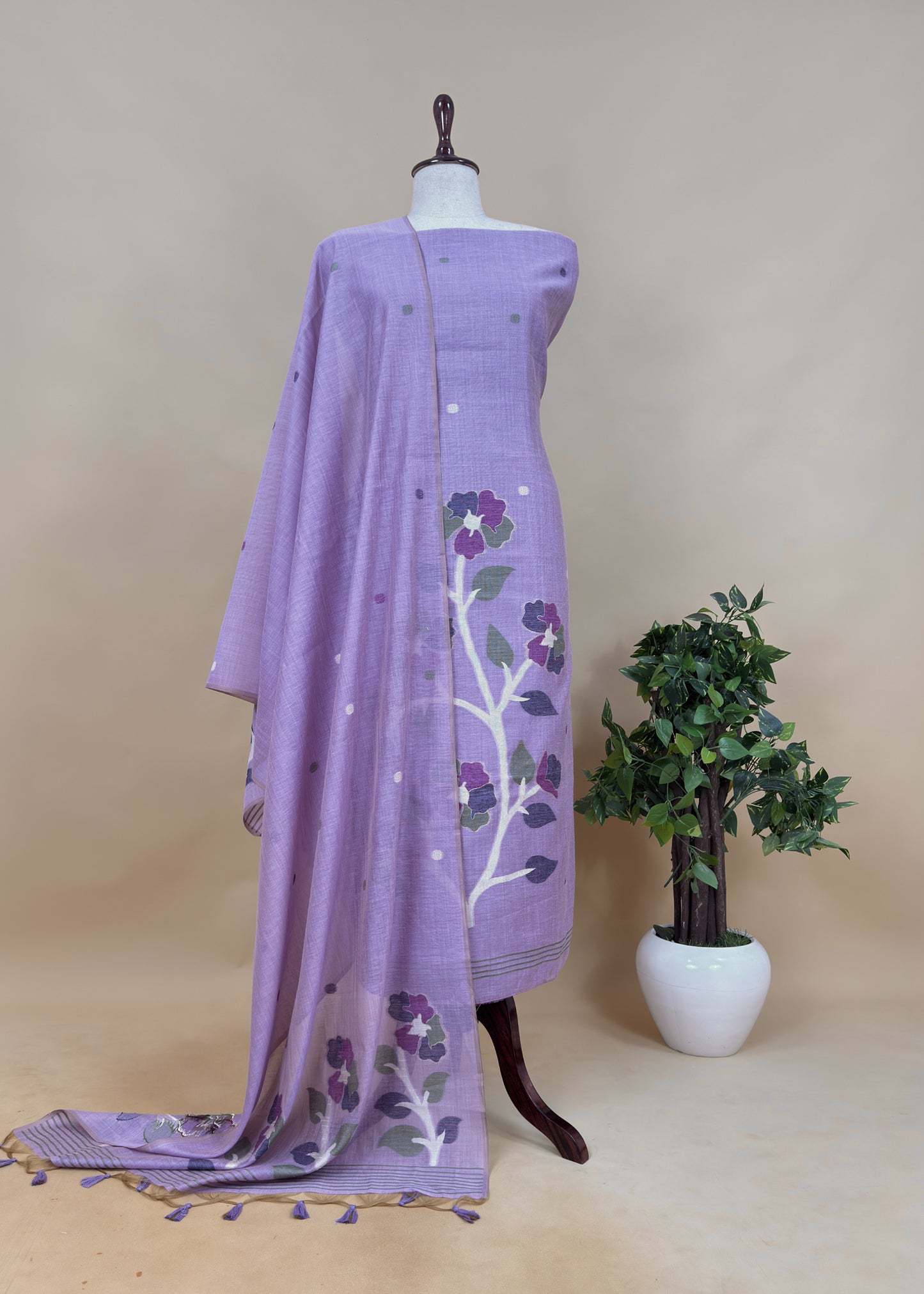 Green Floral Jamdani Weaved Unstitched Suit In Chanderi