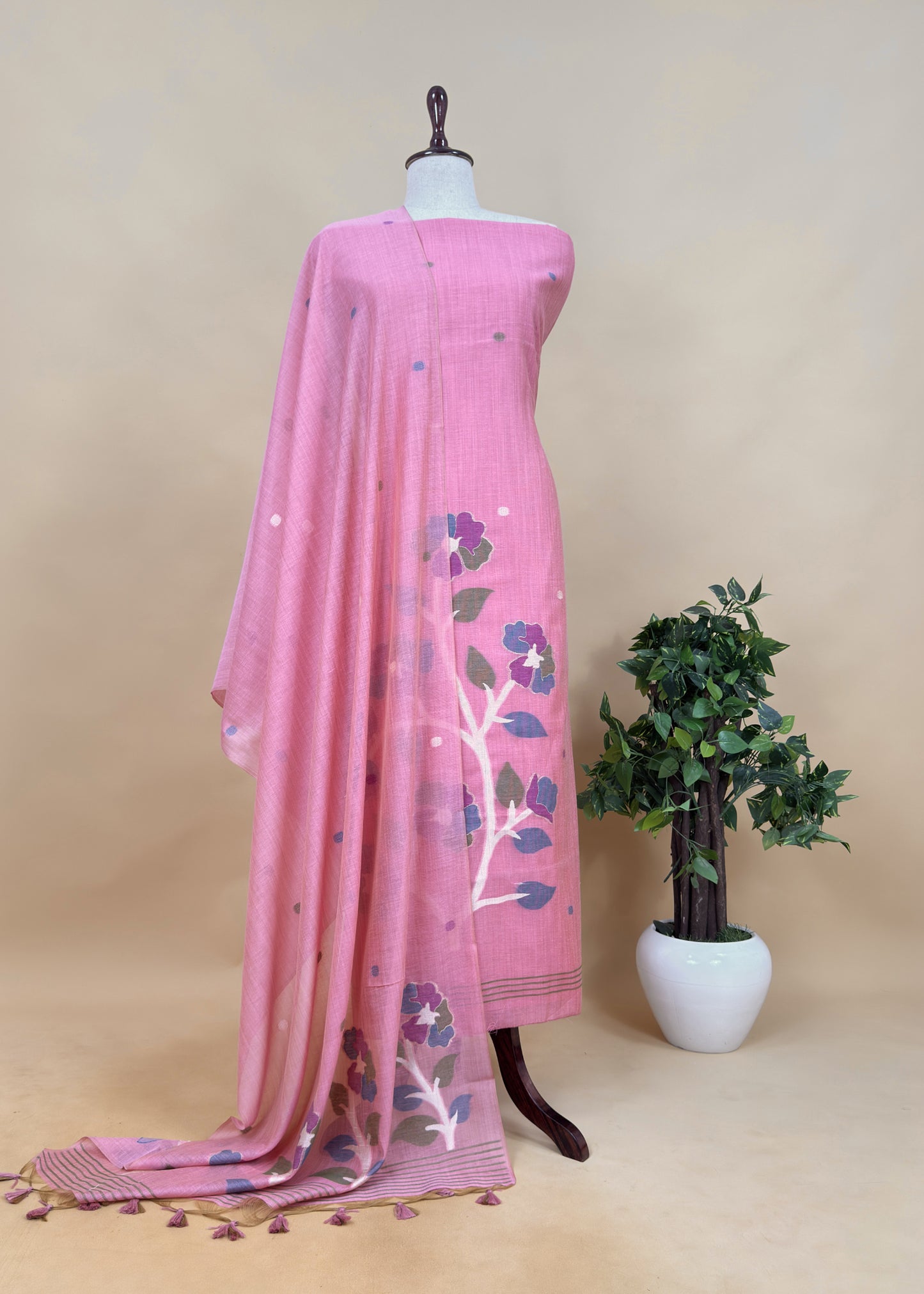 Green Floral Jamdani Weaved Unstitched Suit In Chanderi