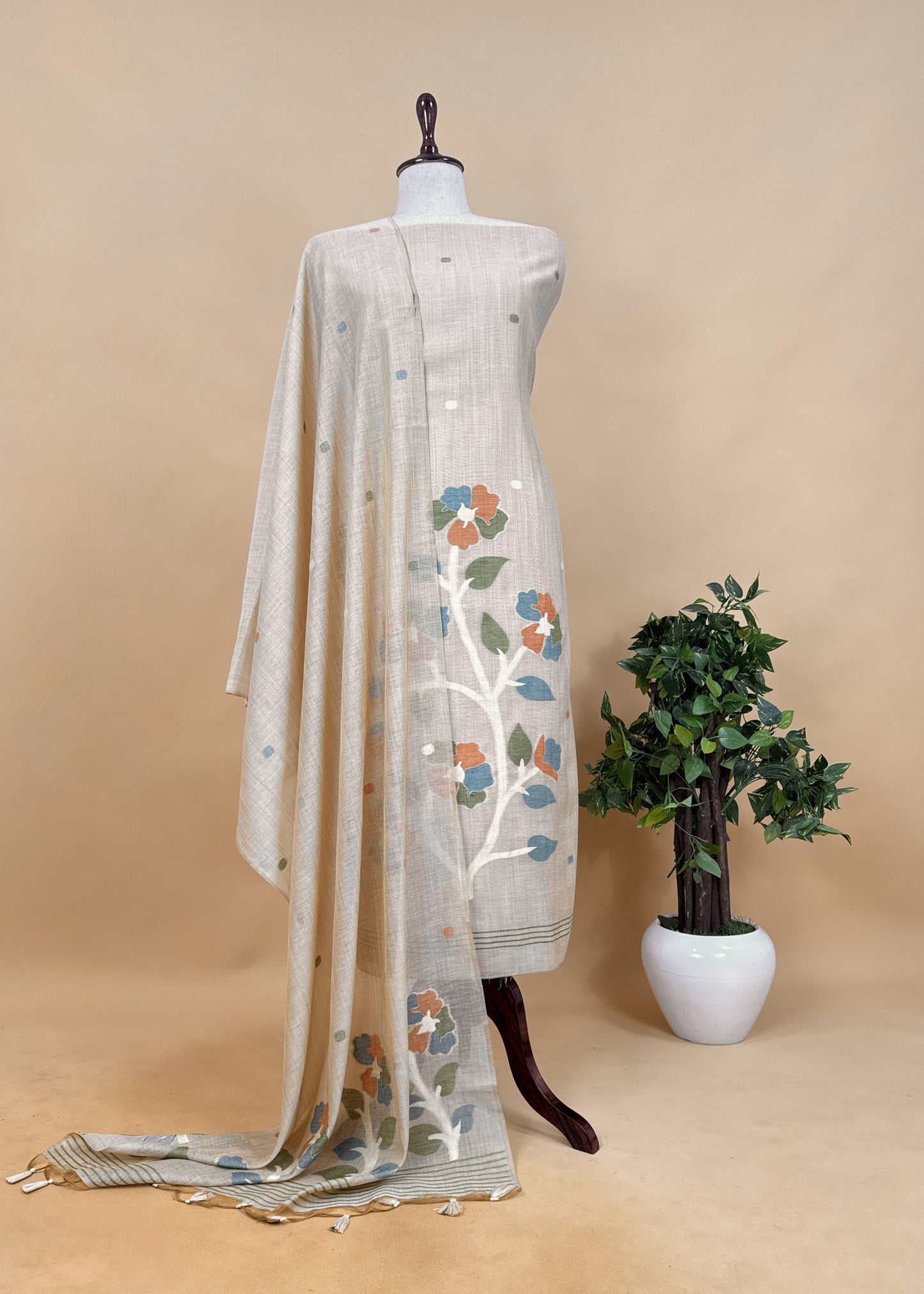 Green Floral Jamdani Weaved Unstitched Suit In Chanderi