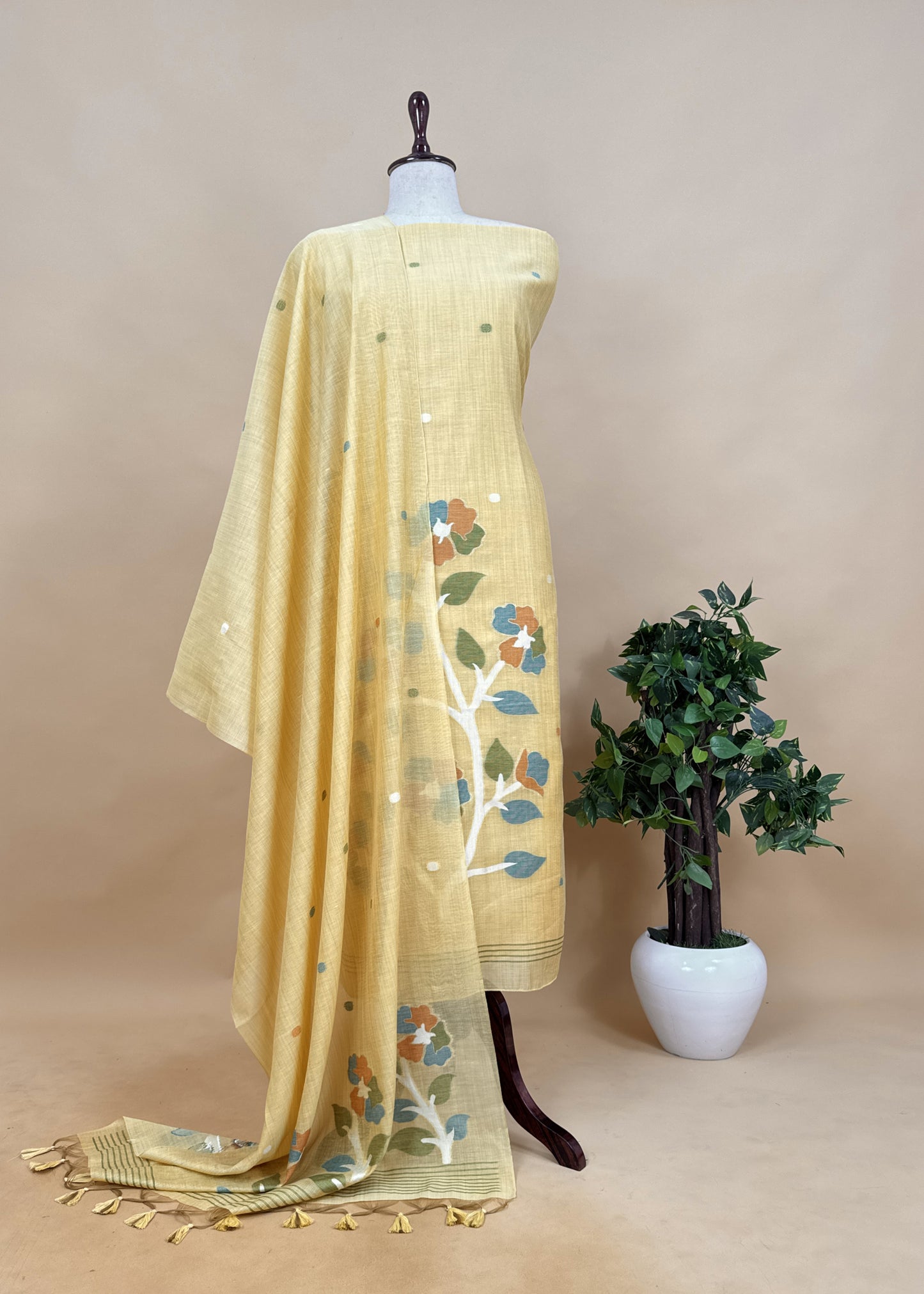 Green Floral Jamdani Weaved Unstitched Suit In Chanderi
