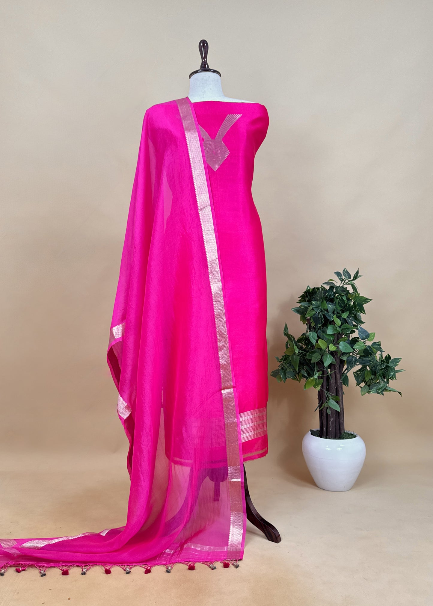 Designer Pink Handloom Silk Suit With Zari Weaving