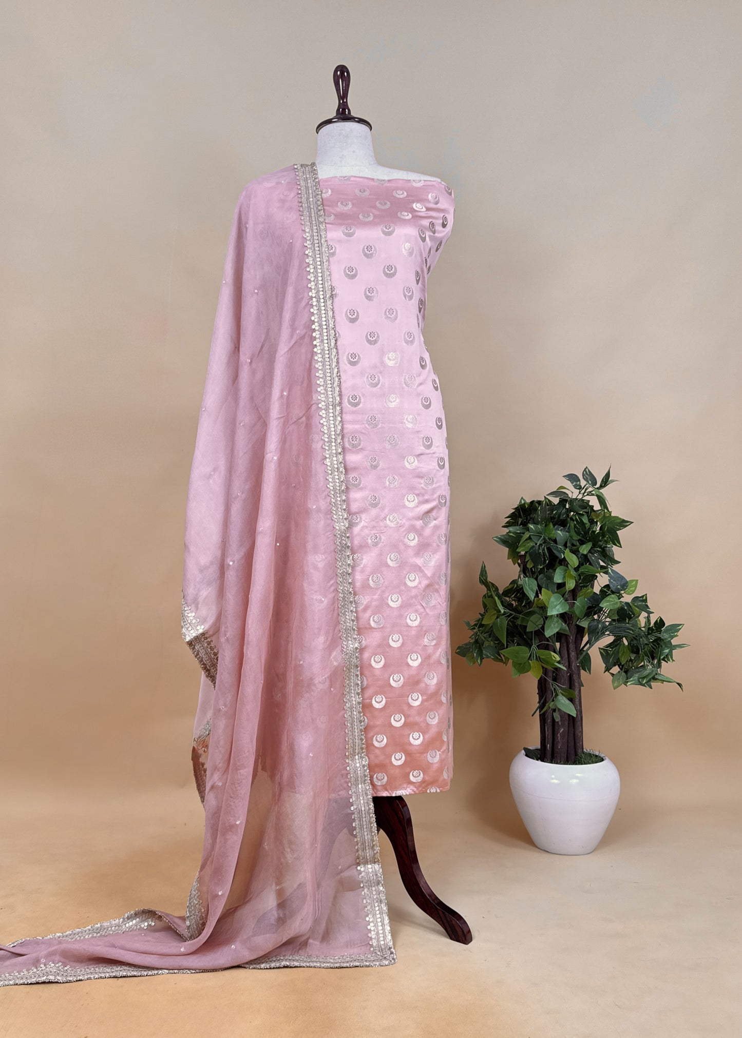 Light Pink Chaandbaali Pure Satin Silk Kurta and Tissue Silk Dupatta with Handwork