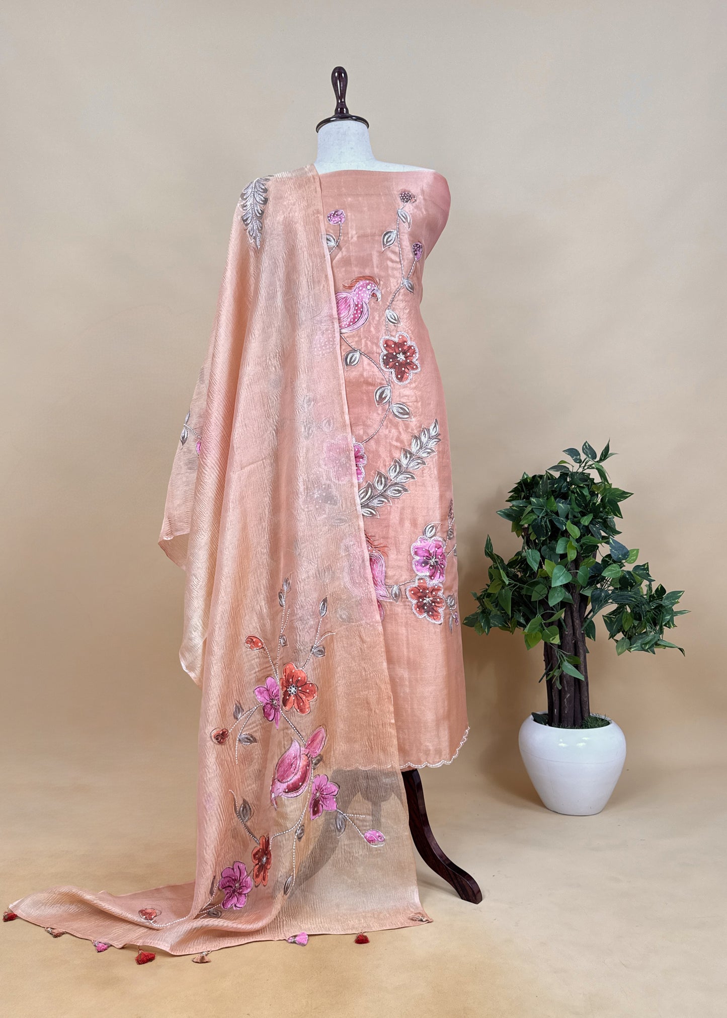 Peach Pure Unstitched Tissue Silk Suit With Dupatta
