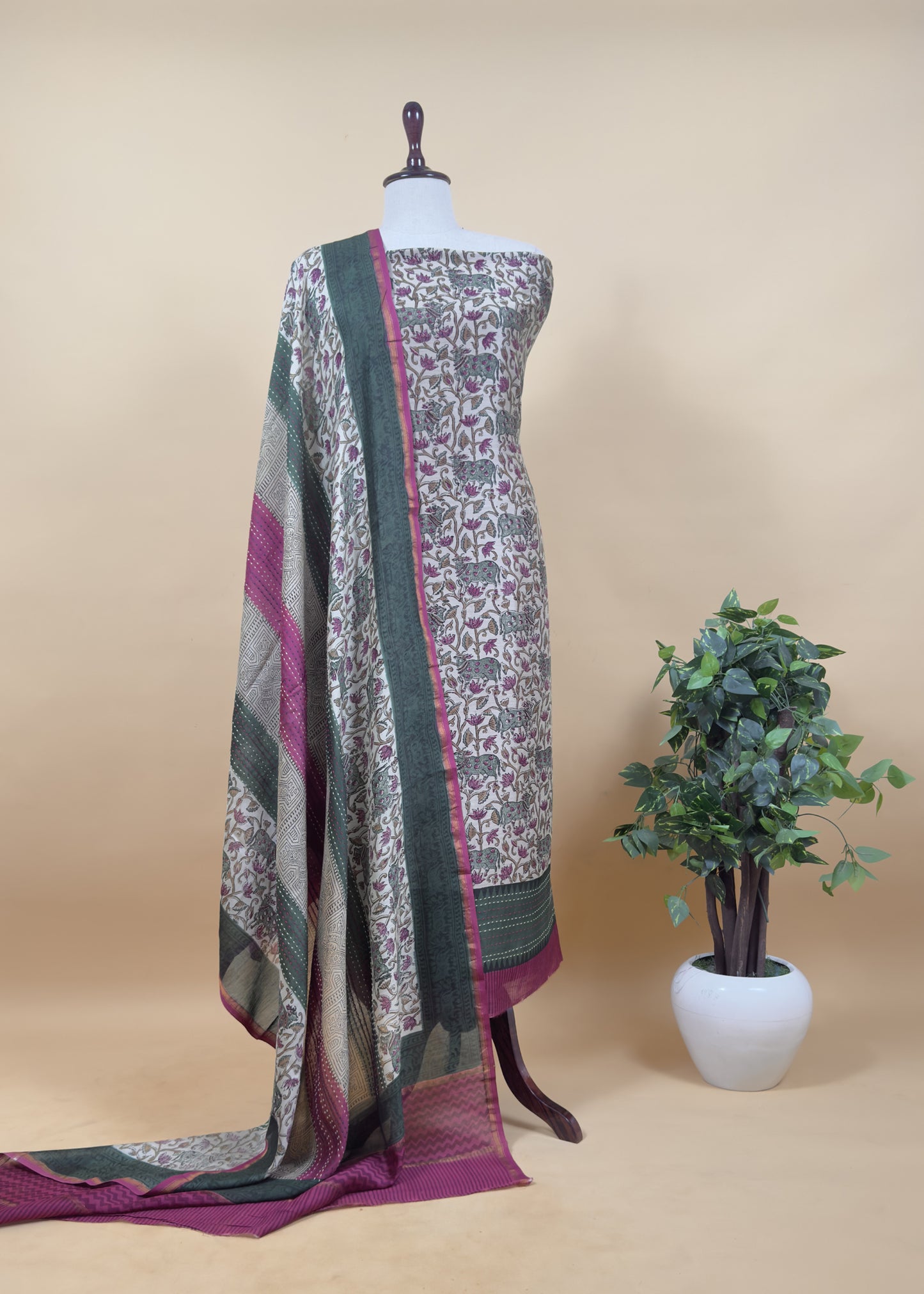 Off White With Blue Handloom Maheshwari Silk Suit With Pichwai Print And Kantha Work