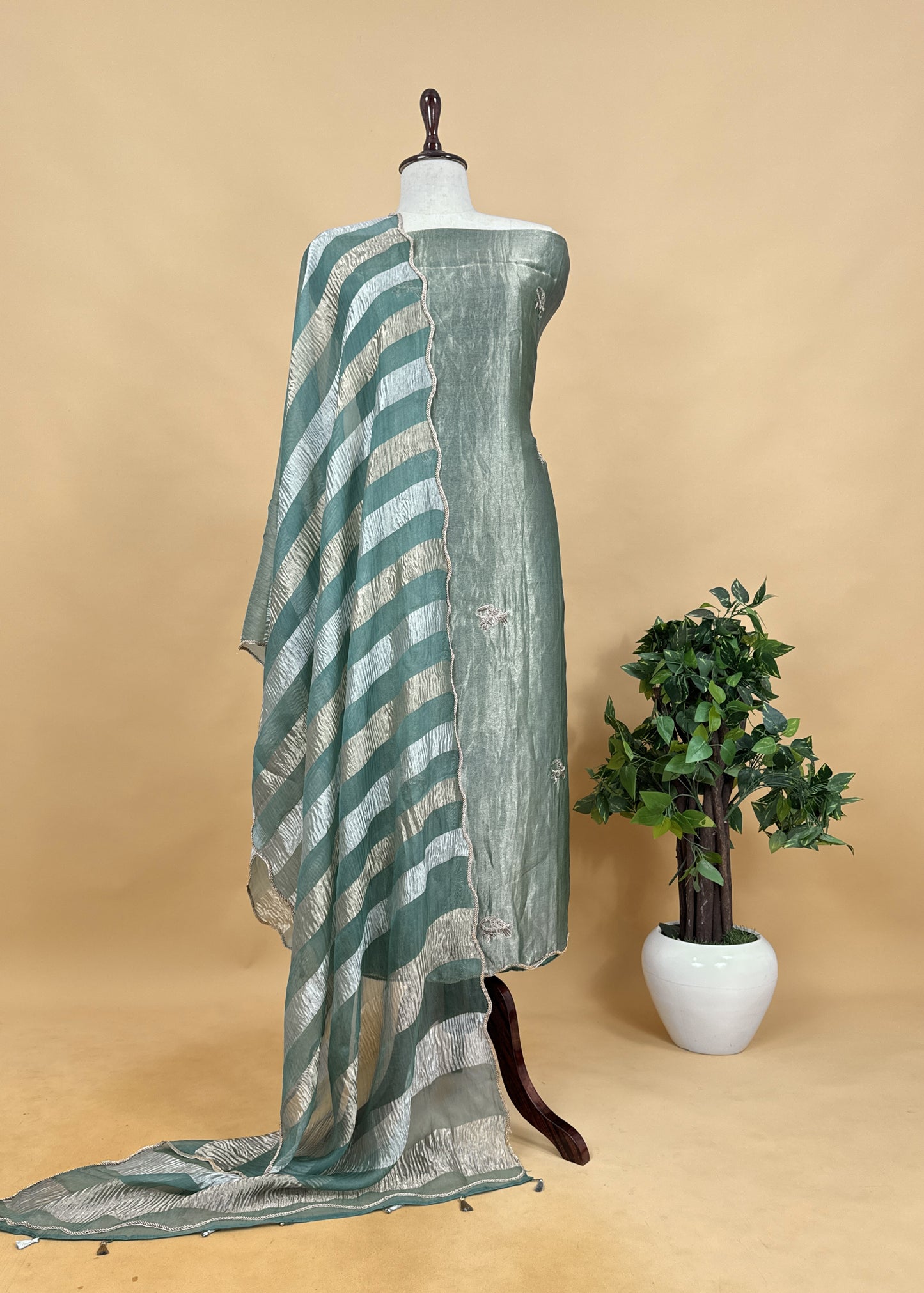 Tissue silk Suit with Kingfisher Shikagarh handwork