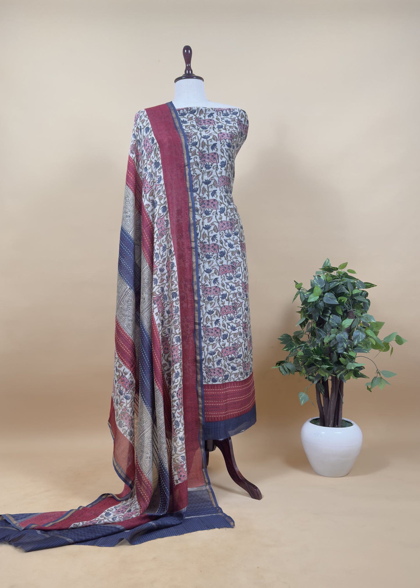 Off White With Blue Handloom Maheshwari Silk Suit With Pichwai Print And Kantha Work