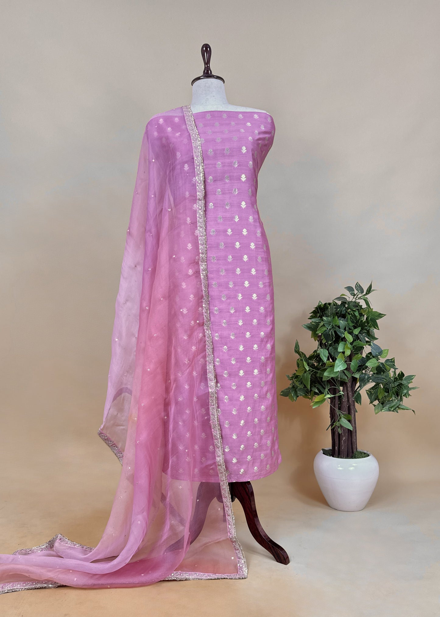 Pink Pure Varanasi Silk Woven Kurta And Kora Silk Dupatta