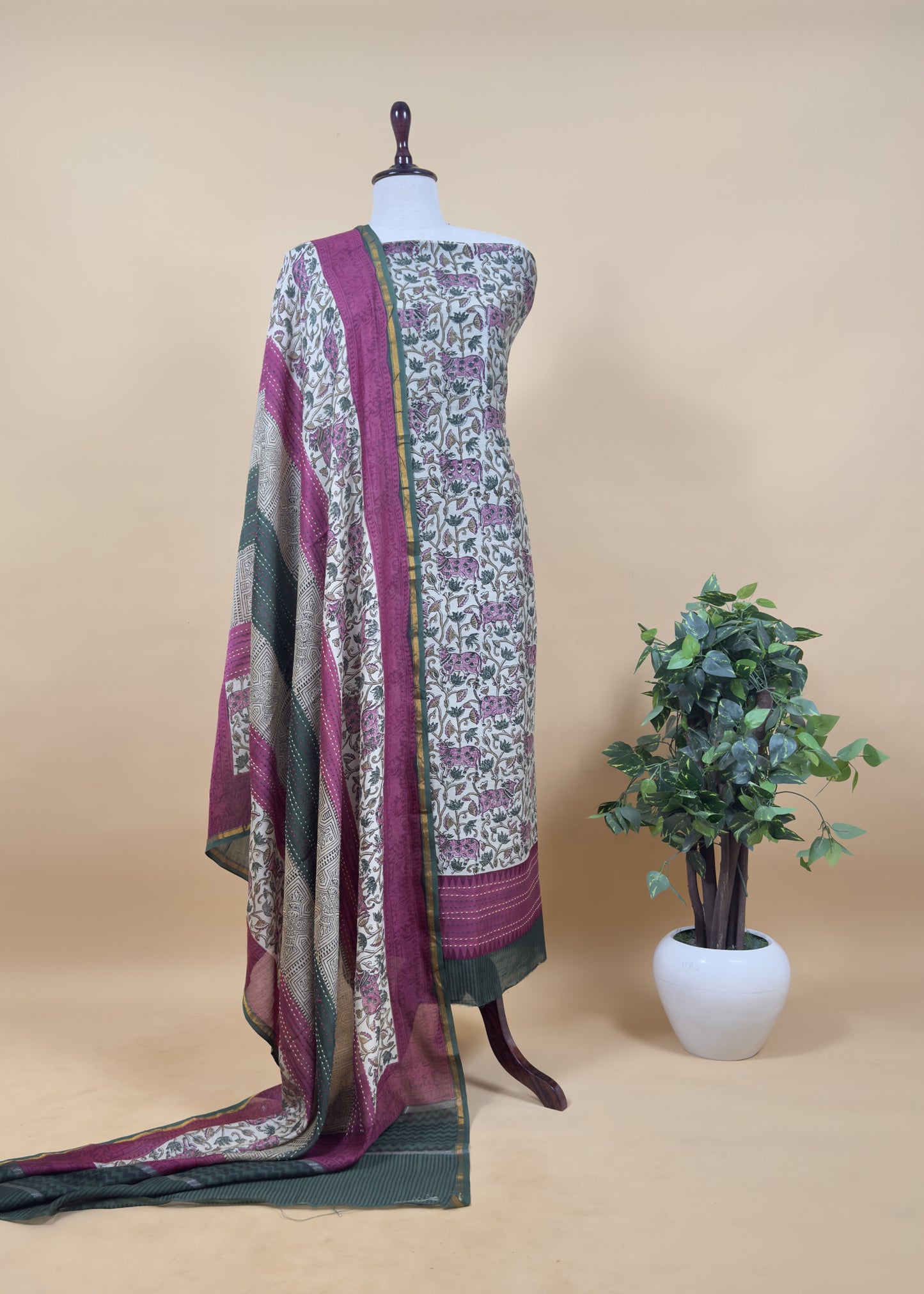 Off White With Blue Handloom Maheshwari Silk Suit With Pichwai Print And Kantha Work