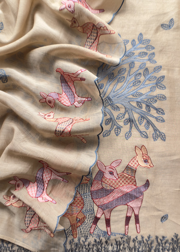 Beige Pure Mulmul Unstitched fabric with Warli art appliqué work