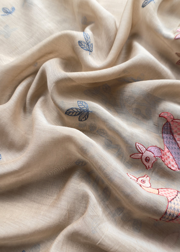 Beige Pure Mulmul Unstitched fabric with Warli art appliqué work