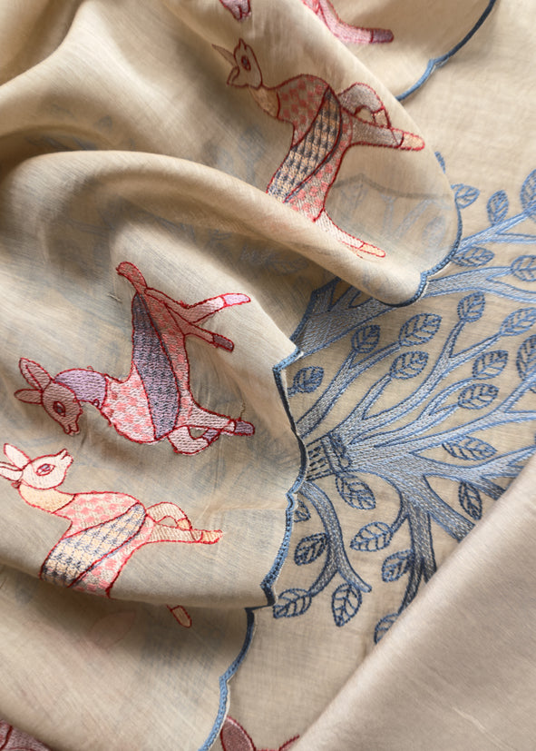 Beige Pure Mulmul Unstitched fabric with Warli art appliqué work