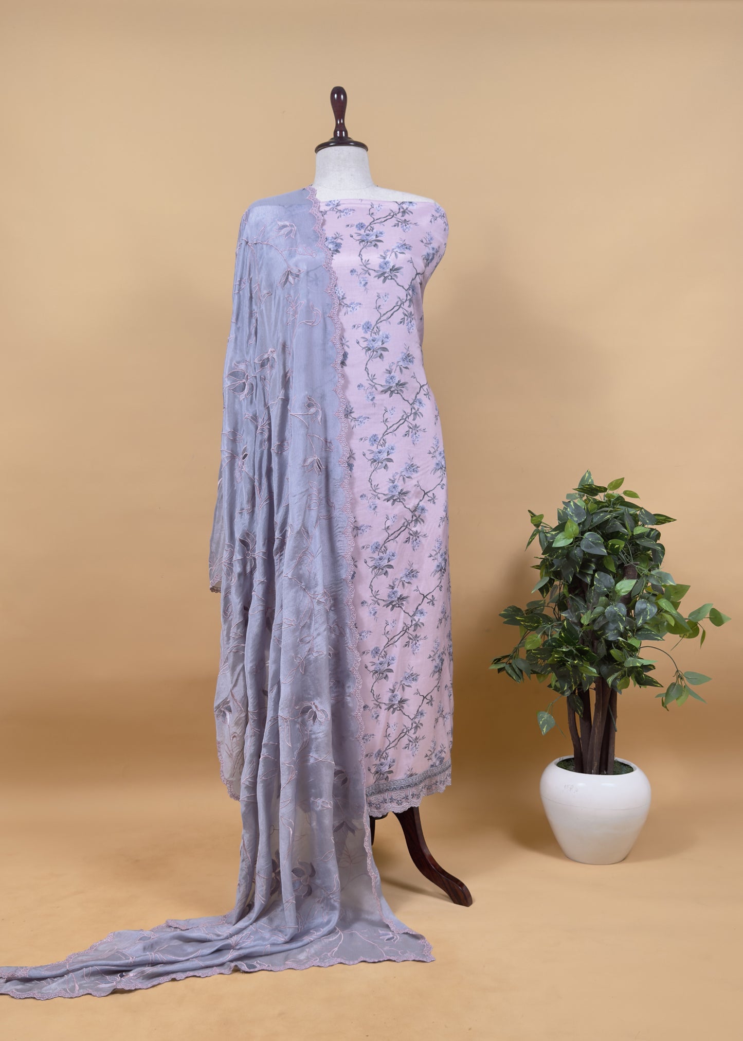 Pink Lavender Pure Crepe Digital Print Suit Fabric With Resham Embroidery And Lace Work