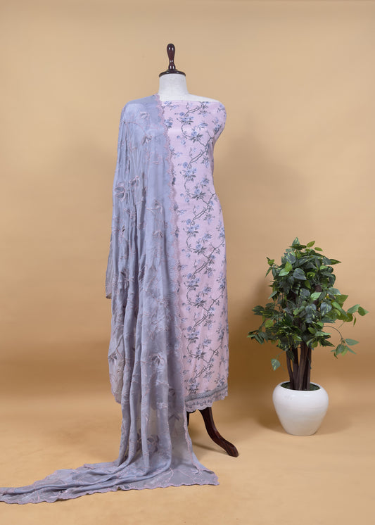Pink Lavender Pure Crepe Digital Print Suit Fabric With Resham Embroidery And Lace Work