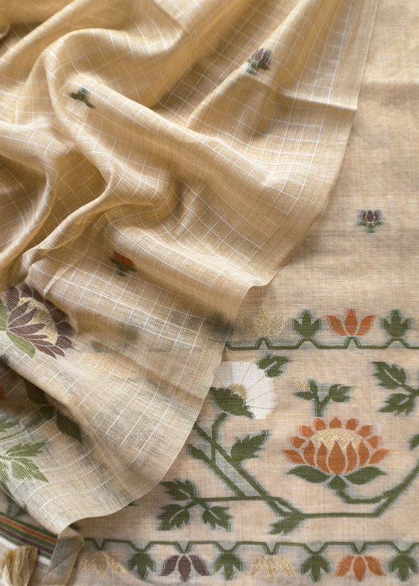 Beige Jamdani Woven Unstitched Suit With Paithani Work