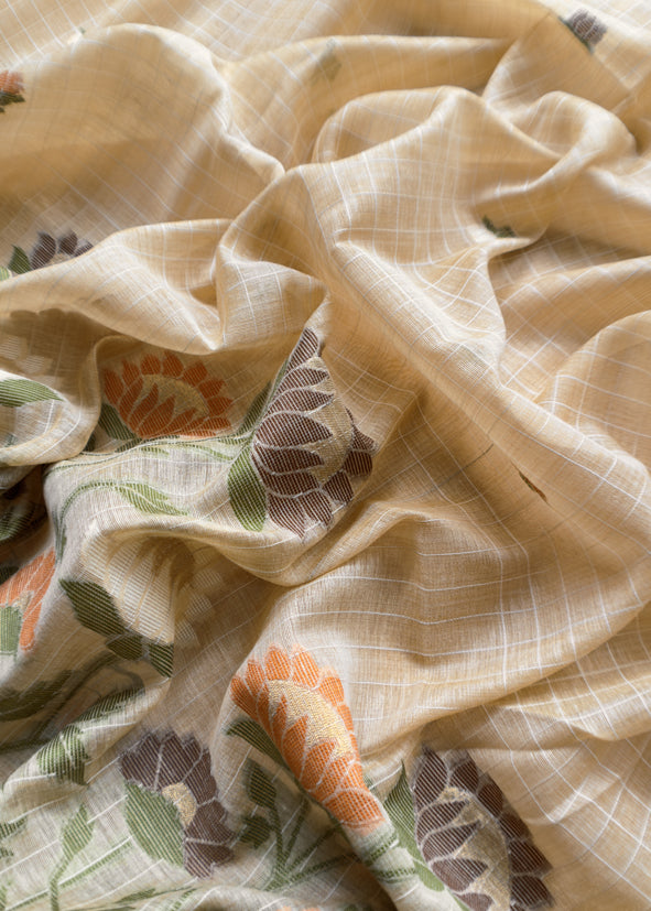 Beige Jamdani Woven Unstitched Suit With Paithani Work