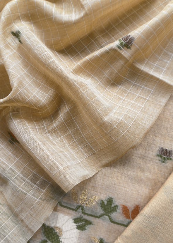 Beige Jamdani Woven Unstitched Suit With Paithani Work