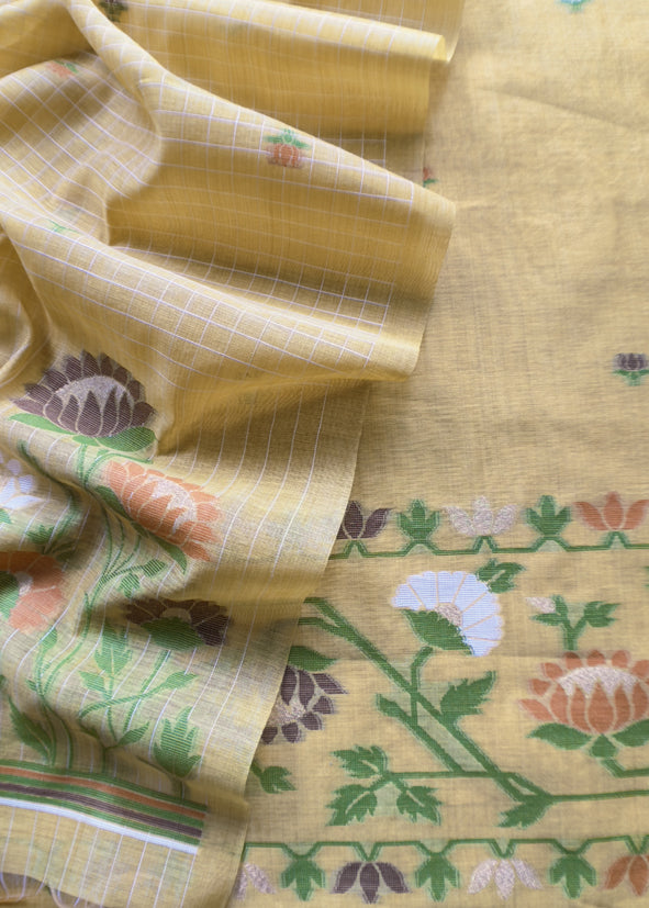 Yellow jamdani Woven Unstitched Suit With Paithani Work