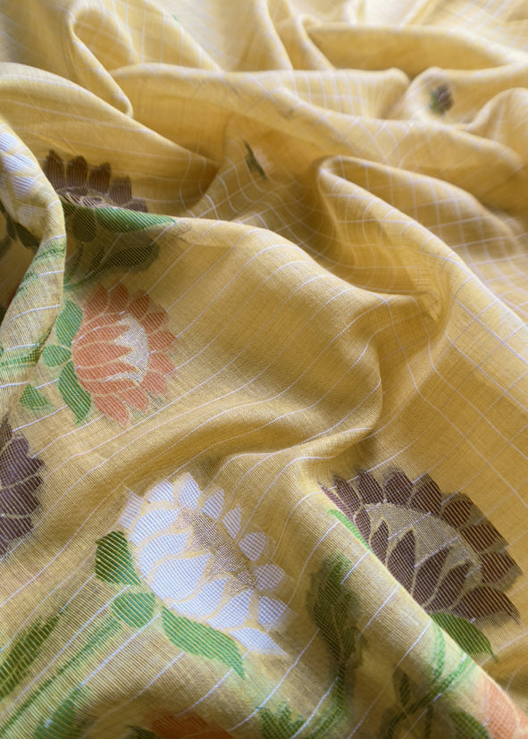 Yellow jamdani Woven Unstitched Suit With Paithani Work