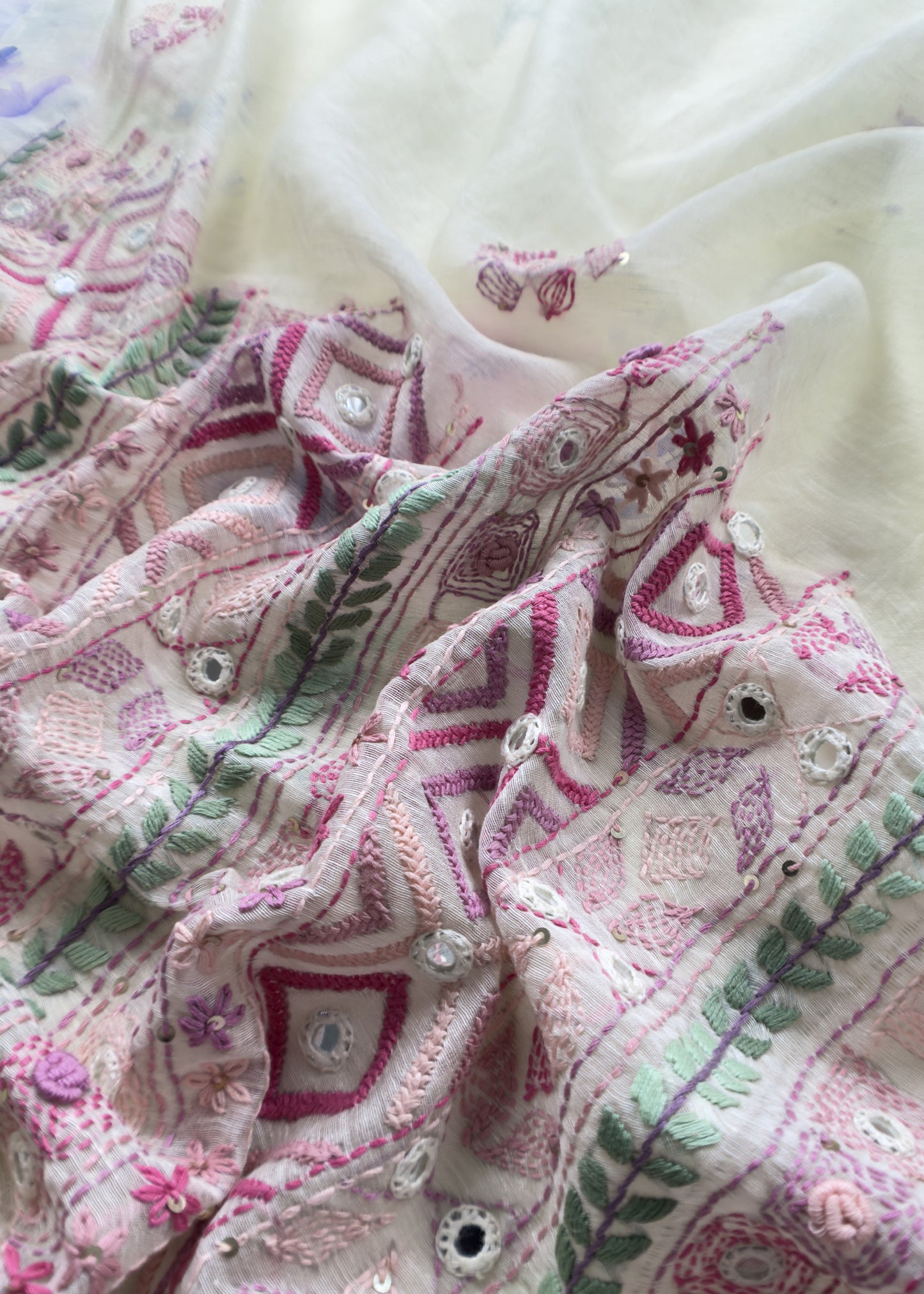 Handloom Linen Silk Suit With Brush Print And Kutch Hand Embroidery