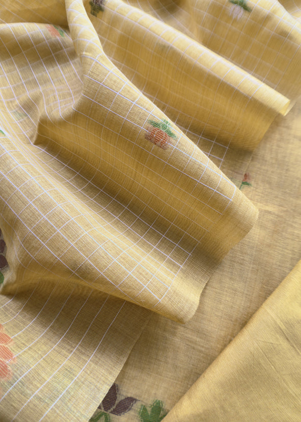 Yellow jamdani Woven Unstitched Suit With Paithani Work