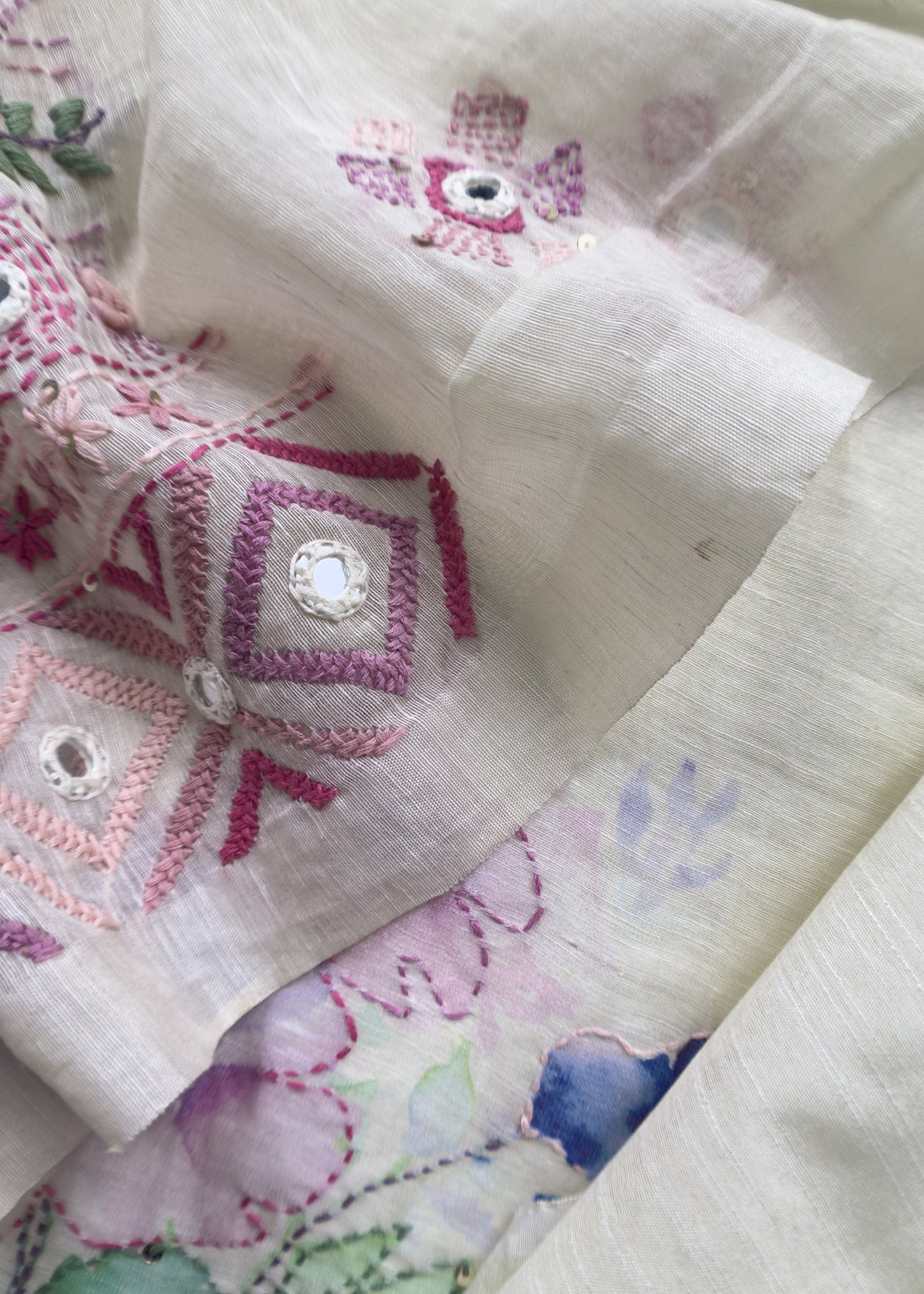 Handloom Linen Silk Suit With Brush Print And Kutch Hand Embroidery