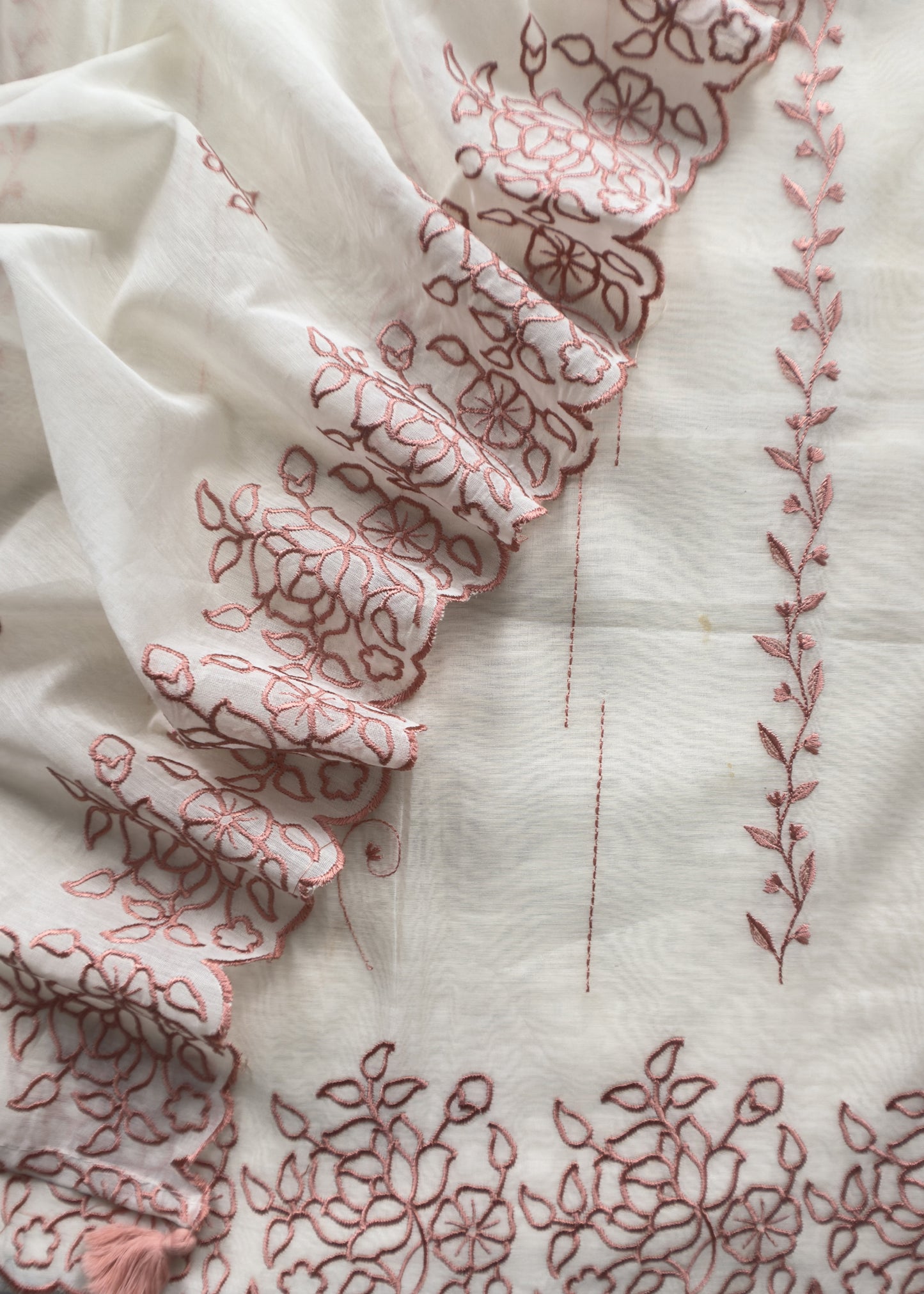 Peach And White Mul Chanderi Suit With Embroidery