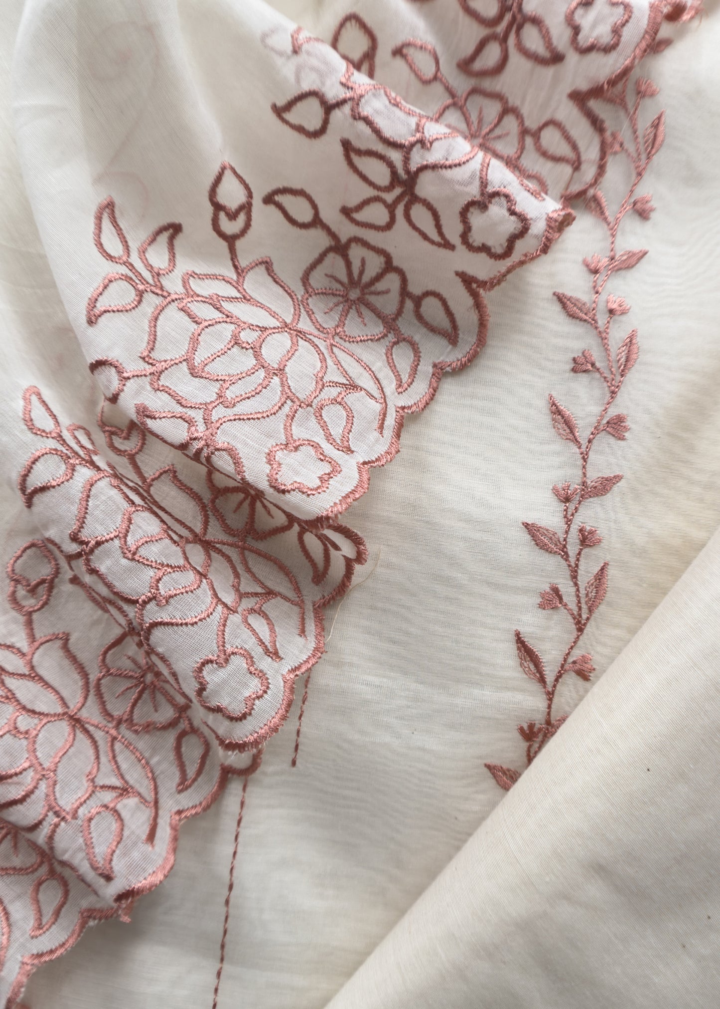 Peach And White Mul Chanderi Suit With Embroidery